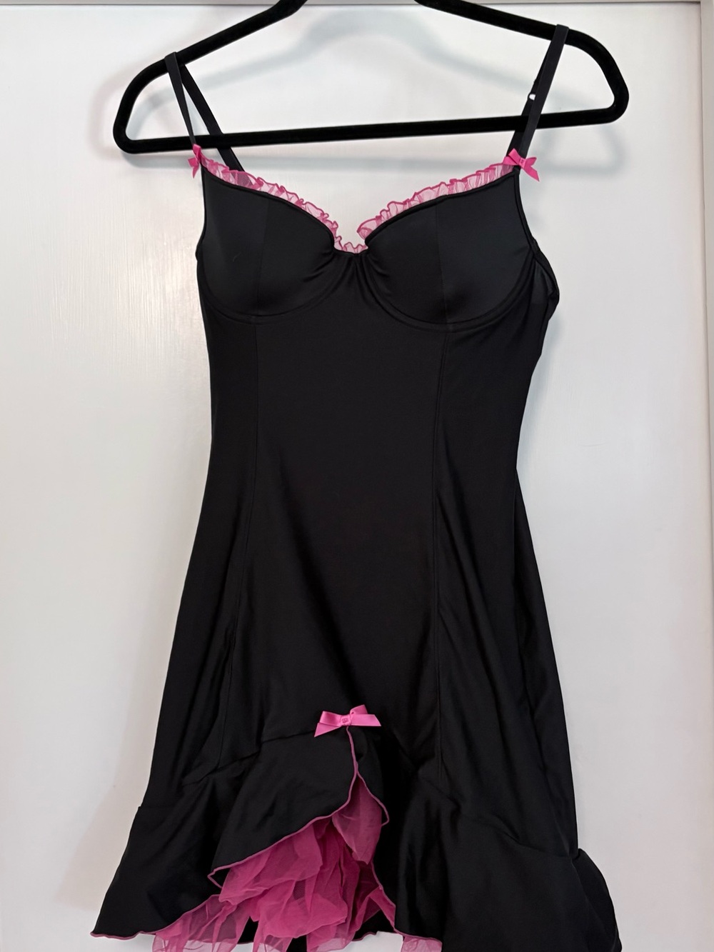Black and Pink Slip Dress with Ruffle Hem